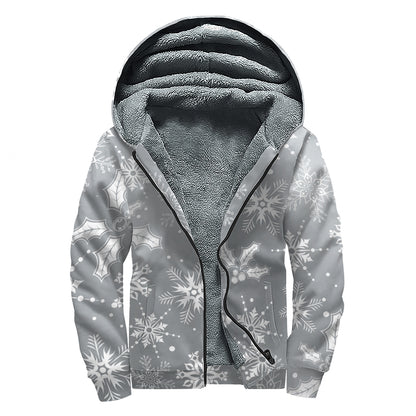 Silver And White Snowflake Pattern Print Sherpa Lined Zip Up Hoodie