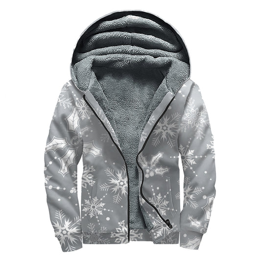Silver And White Snowflake Pattern Print Sherpa Lined Zip Up Hoodie