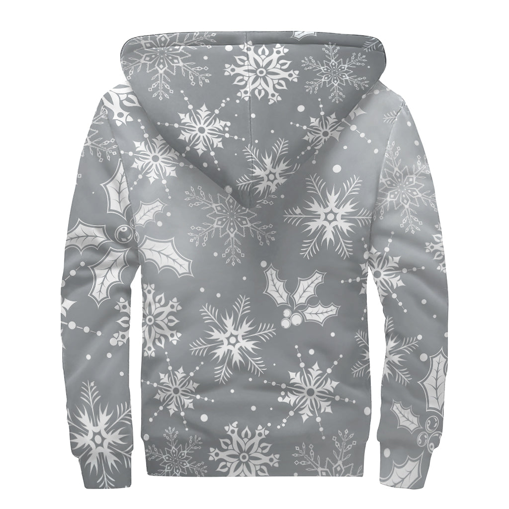 Silver And White Snowflake Pattern Print Sherpa Lined Zip Up Hoodie
