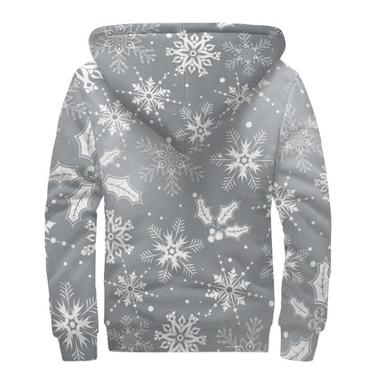 Silver And White Snowflake Pattern Print Sherpa Lined Zip Up Hoodie