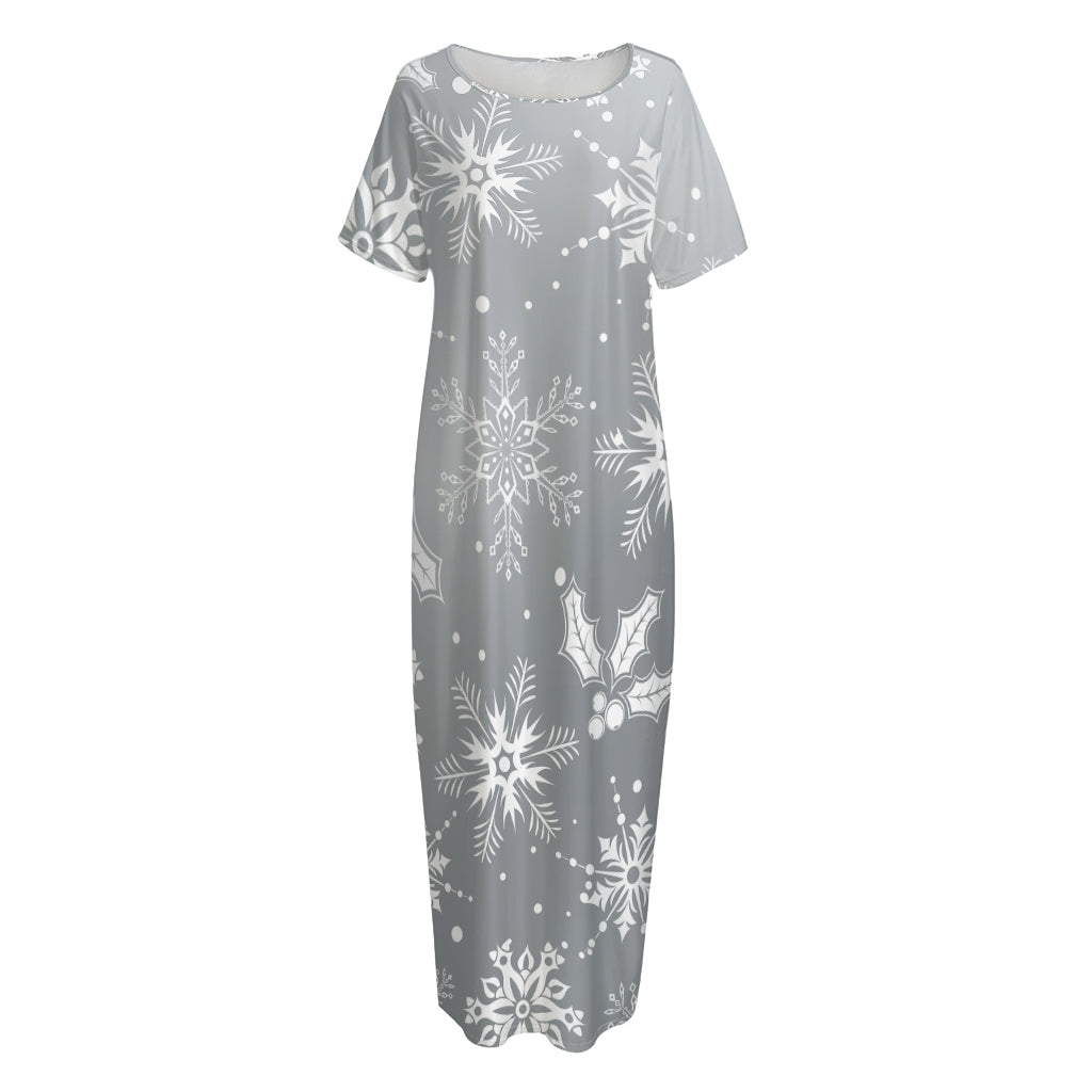 Silver And White Snowflake Pattern Print Short Sleeve Long Nightdress