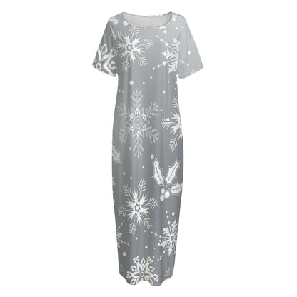 Silver And White Snowflake Pattern Print Short Sleeve Long Nightdress