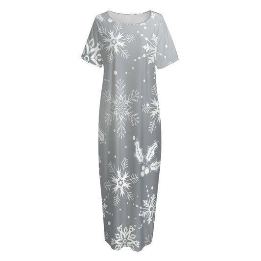 Silver And White Snowflake Pattern Print Short Sleeve Long Nightdress