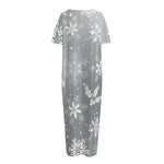 Silver And White Snowflake Pattern Print Short Sleeve Long Nightdress