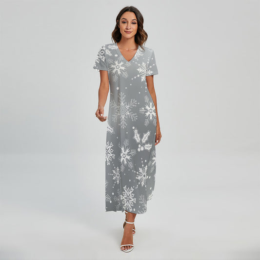 Silver And White Snowflake Pattern Print Short Sleeve Maxi Dress