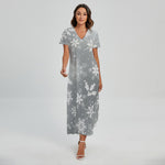 Silver And White Snowflake Pattern Print Short Sleeve Maxi Dress