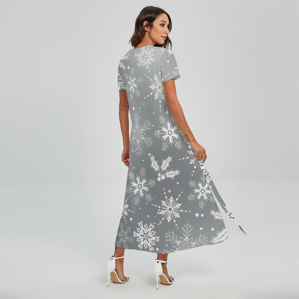 Silver And White Snowflake Pattern Print Short Sleeve Maxi Dress
