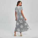 Silver And White Snowflake Pattern Print Short Sleeve Maxi Dress