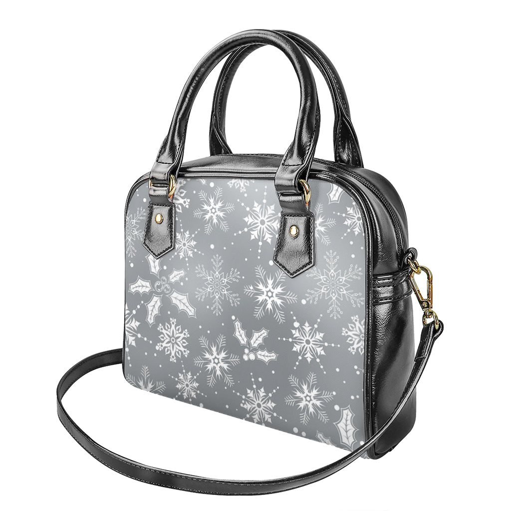 Silver And White Snowflake Pattern Print Shoulder Handbag