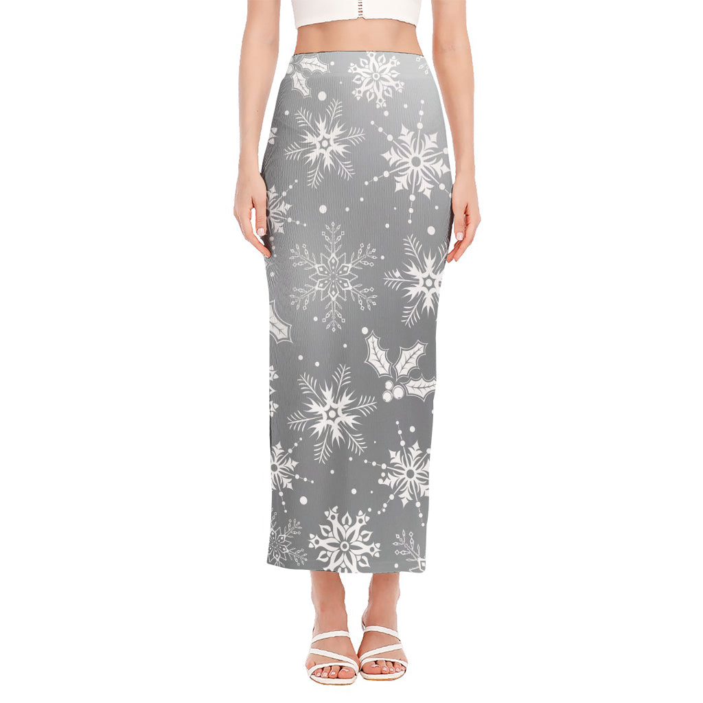 Silver And White Snowflake Pattern Print Side Slit Maxi Skirt