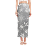 Silver And White Snowflake Pattern Print Side Slit Maxi Skirt