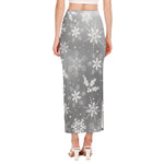 Silver And White Snowflake Pattern Print Side Slit Maxi Skirt