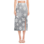 Silver And White Snowflake Pattern Print Side Slit Midi Skirt
