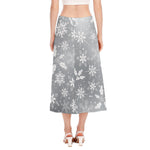Silver And White Snowflake Pattern Print Side Slit Midi Skirt