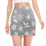 Silver And White Snowflake Pattern Print Side Slit Mini Skirt