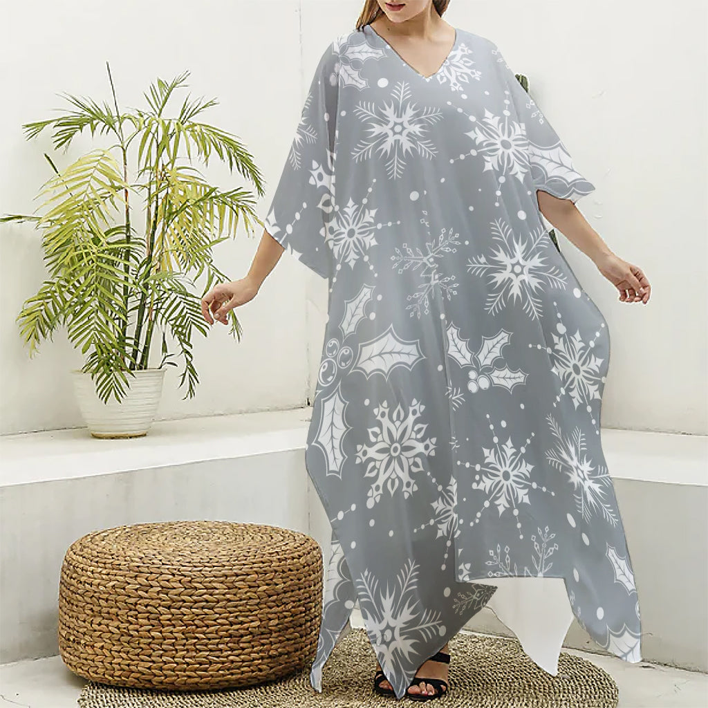 Silver And White Snowflake Pattern Print Silk V-Neck Kaftan Dress