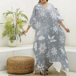 Silver And White Snowflake Pattern Print Silk V-Neck Kaftan Dress