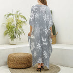 Silver And White Snowflake Pattern Print Silk V-Neck Kaftan Dress