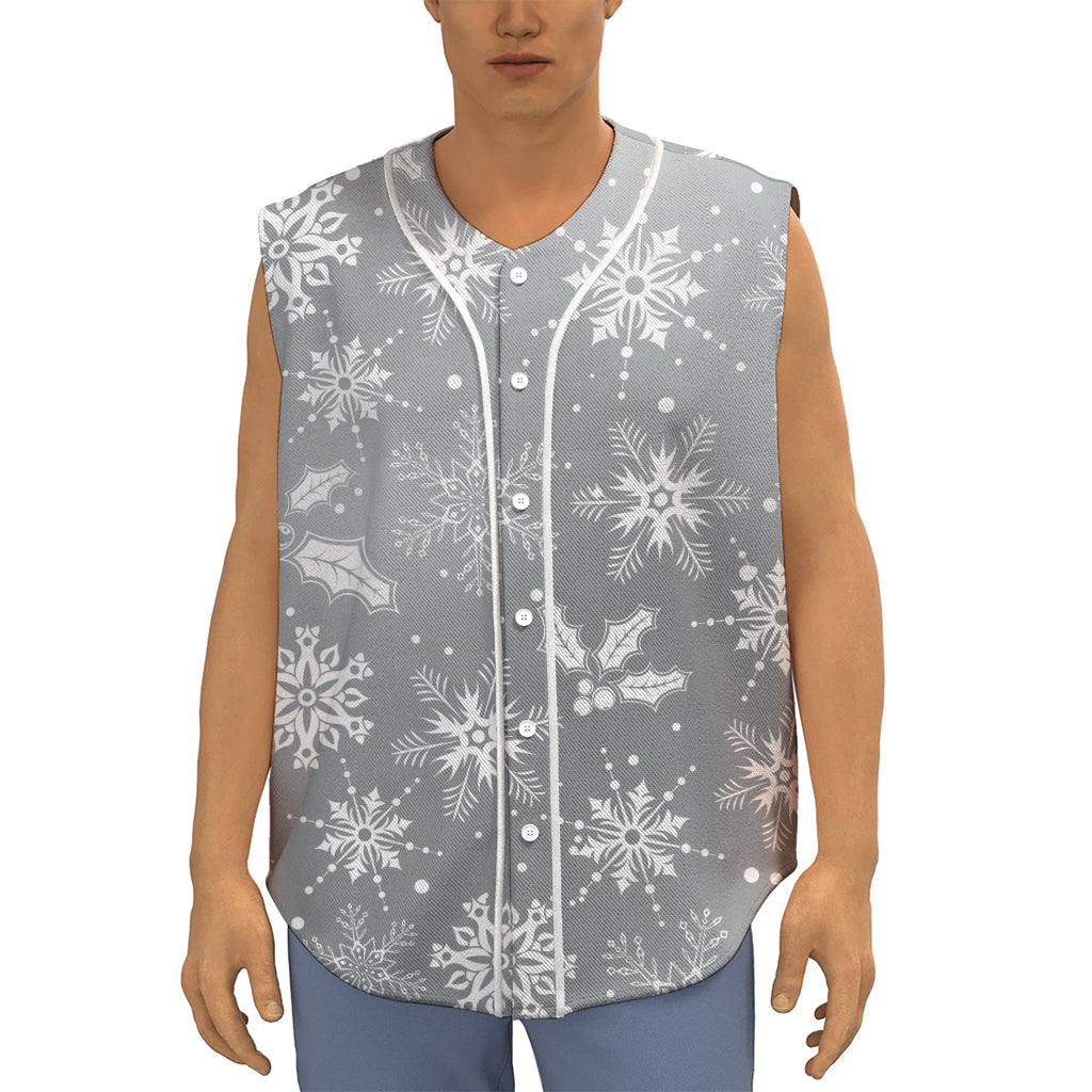 Silver And White Snowflake Pattern Print Sleeveless Baseball Jersey