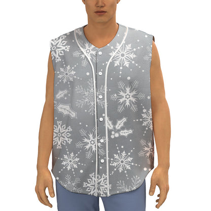 Silver And White Snowflake Pattern Print Sleeveless Baseball Jersey