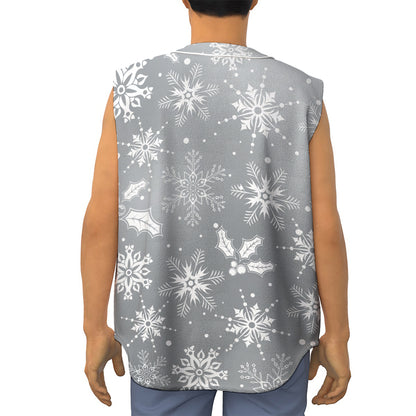 Silver And White Snowflake Pattern Print Sleeveless Baseball Jersey