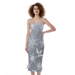 Silver And White Snowflake Pattern Print Slim Fit Midi Cami Dress