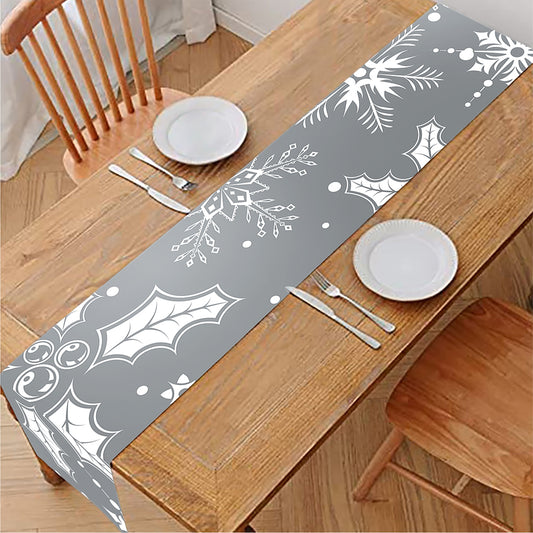 Silver And White Snowflake Pattern Print Table Runner