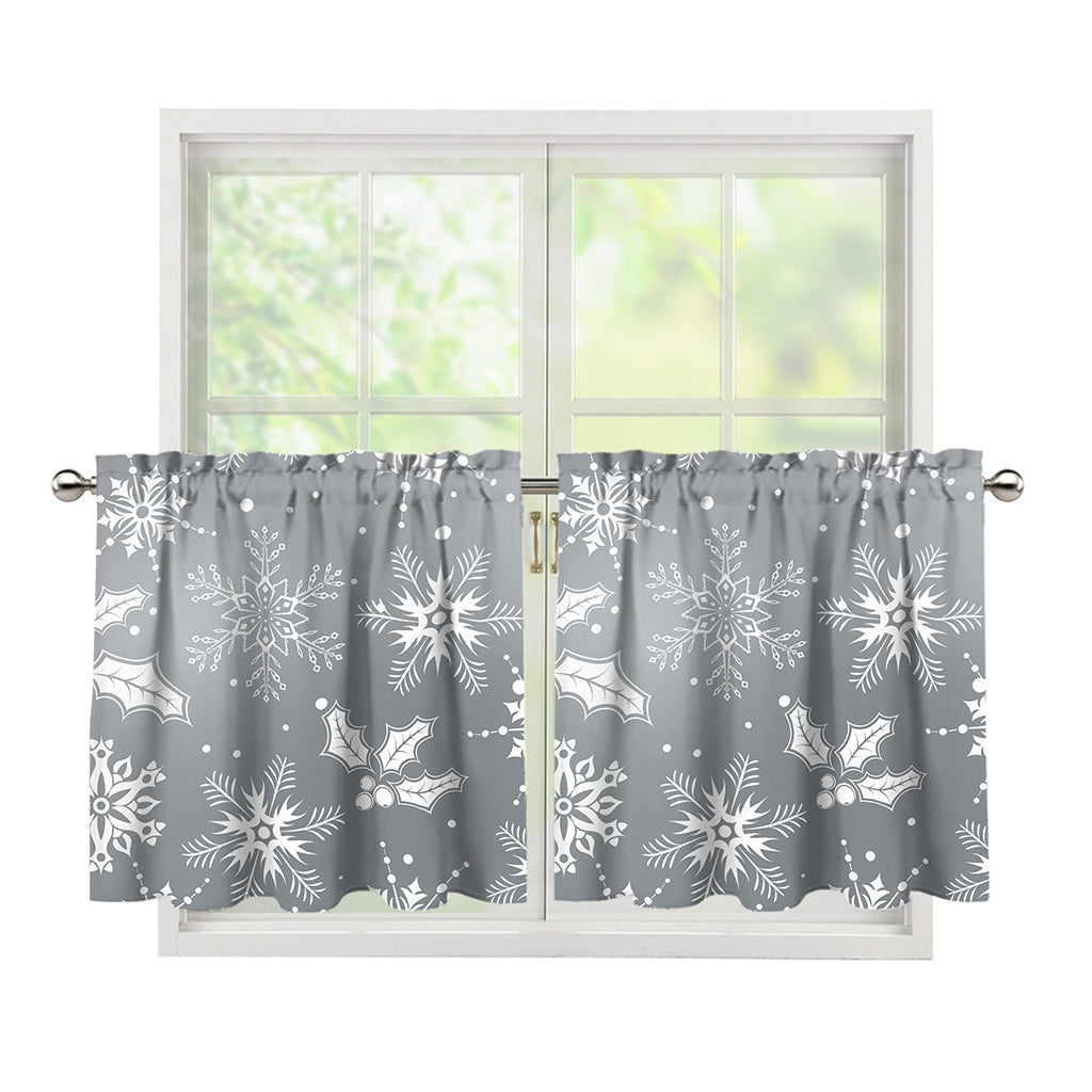 Silver And White Snowflake Pattern Print Tier Curtains