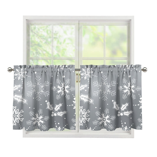 Silver And White Snowflake Pattern Print Tier Curtains