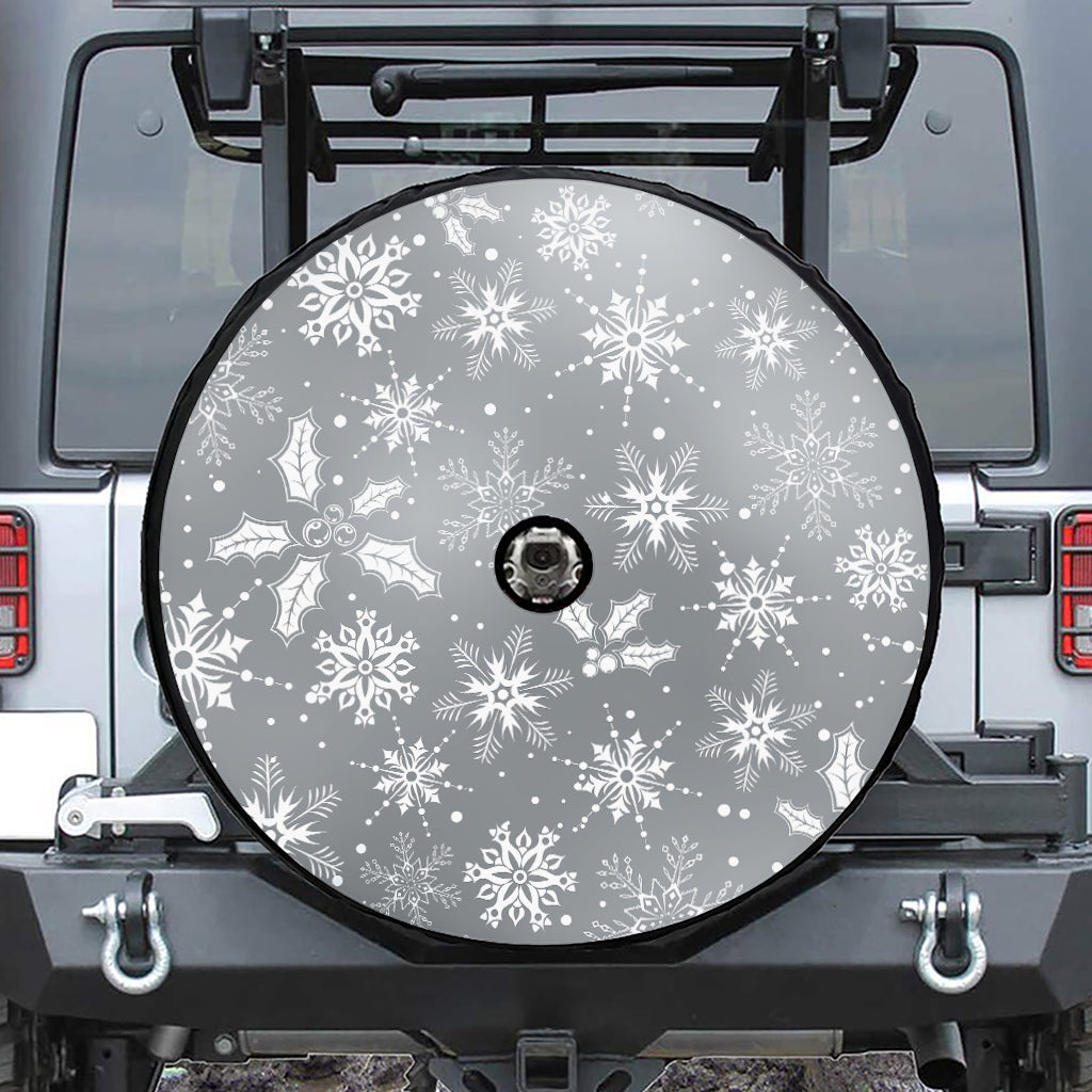 Silver And White Snowflake Pattern Print Tire Cover With Camera Hole