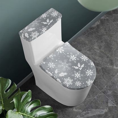 Silver And White Snowflake Pattern Print Toilet Lid And Tank Cover Set