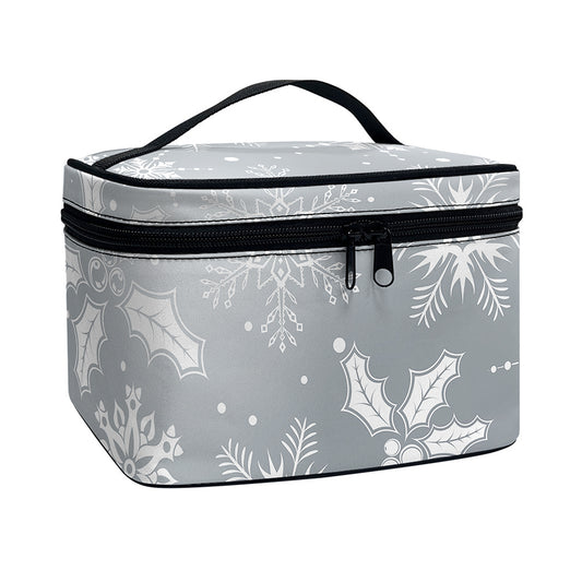 Silver And White Snowflake Pattern Print Travel Makeup Bag