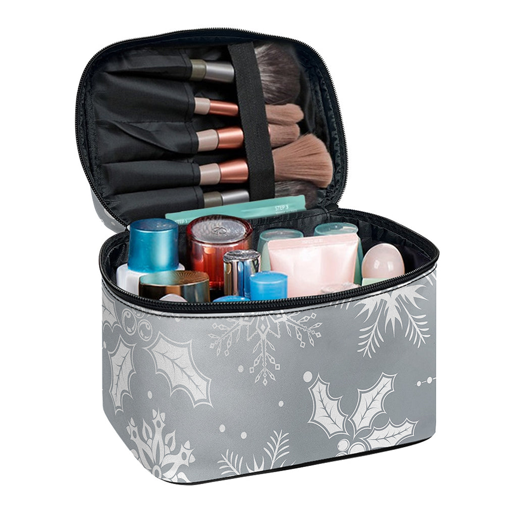 Silver And White Snowflake Pattern Print Travel Makeup Bag