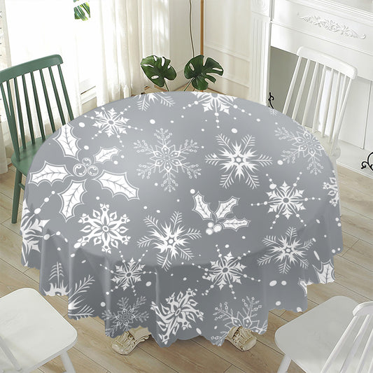 Silver And White Snowflake Pattern Print Waterproof Round Tablecloth