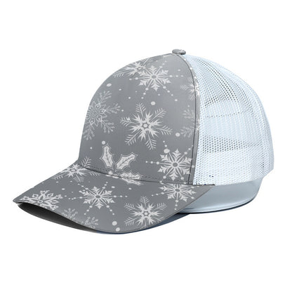 Silver And White Snowflake Pattern Print White Mesh Trucker Cap