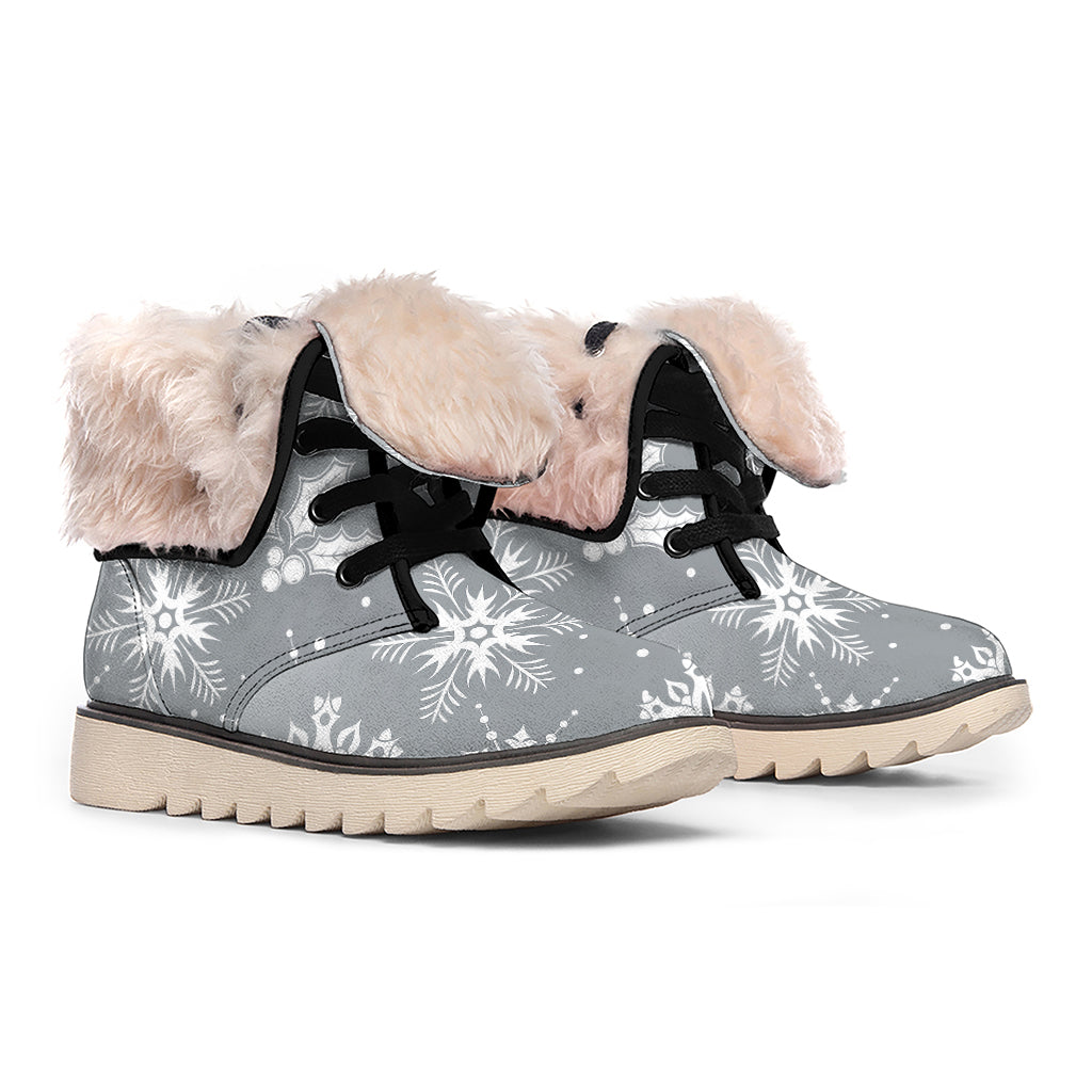 Silver And White Snowflake Pattern Print Winter Boots