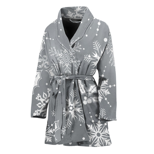 Silver And White Snowflake Pattern Print Women's Bathrobe