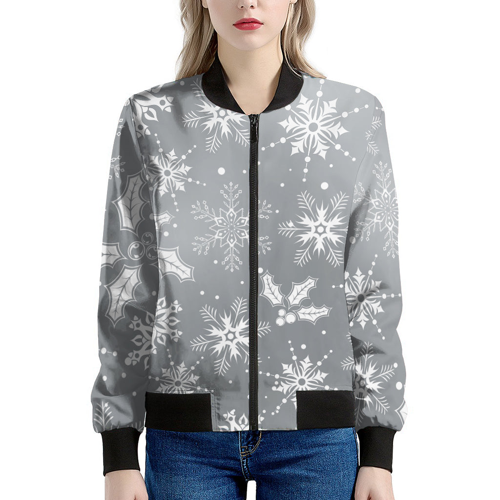 Silver And White Snowflake Pattern Print Women's Bomber Jacket