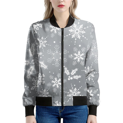 Silver And White Snowflake Pattern Print Women's Bomber Jacket