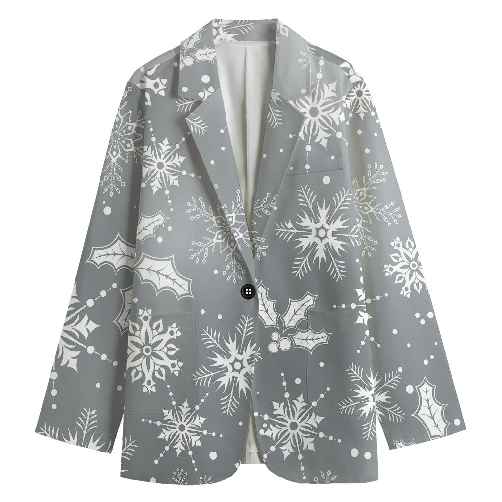 Silver And White Snowflake Pattern Print Women's Cotton Blazer