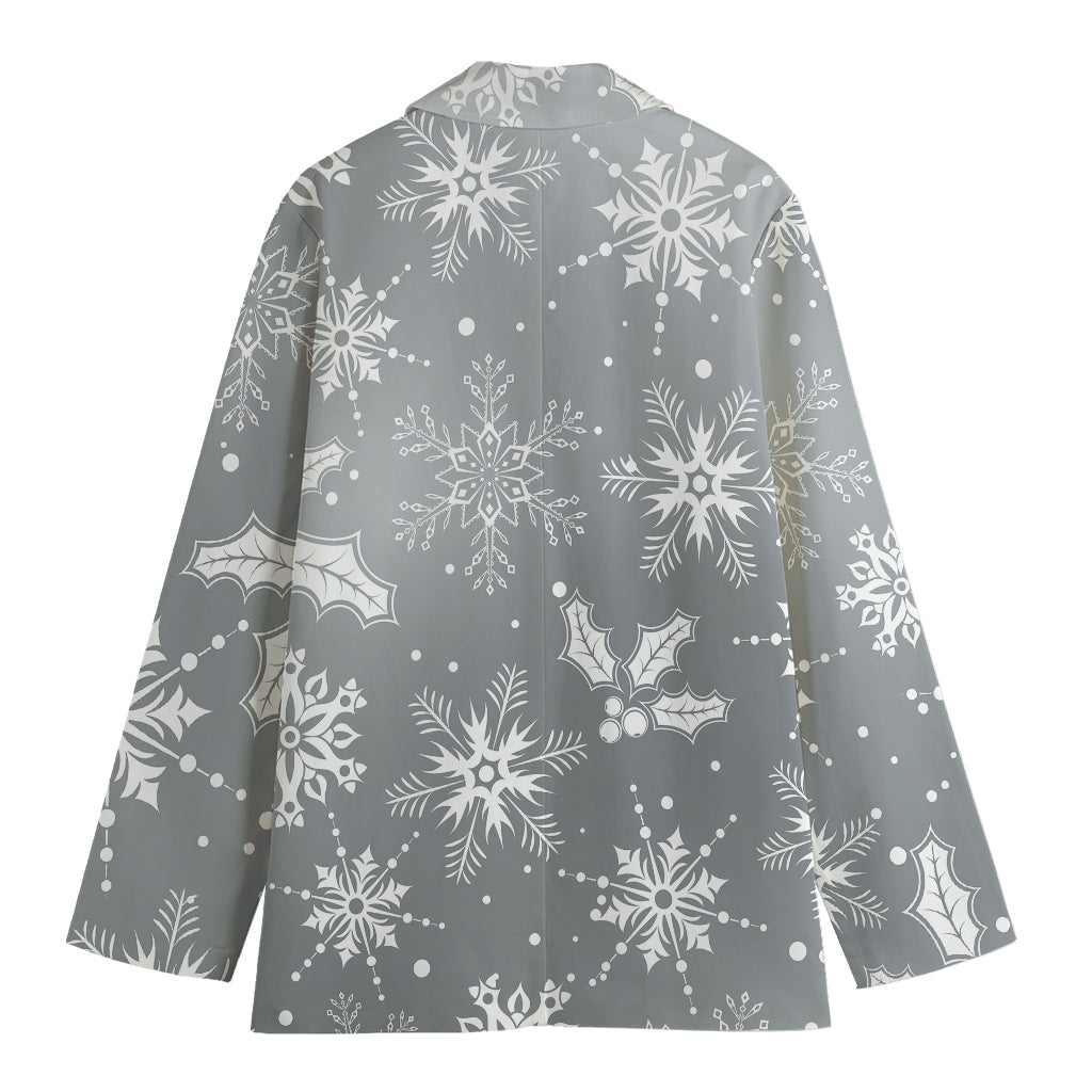 Silver And White Snowflake Pattern Print Women's Cotton Blazer