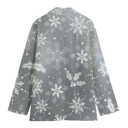 Silver And White Snowflake Pattern Print Women's Cotton Blazer