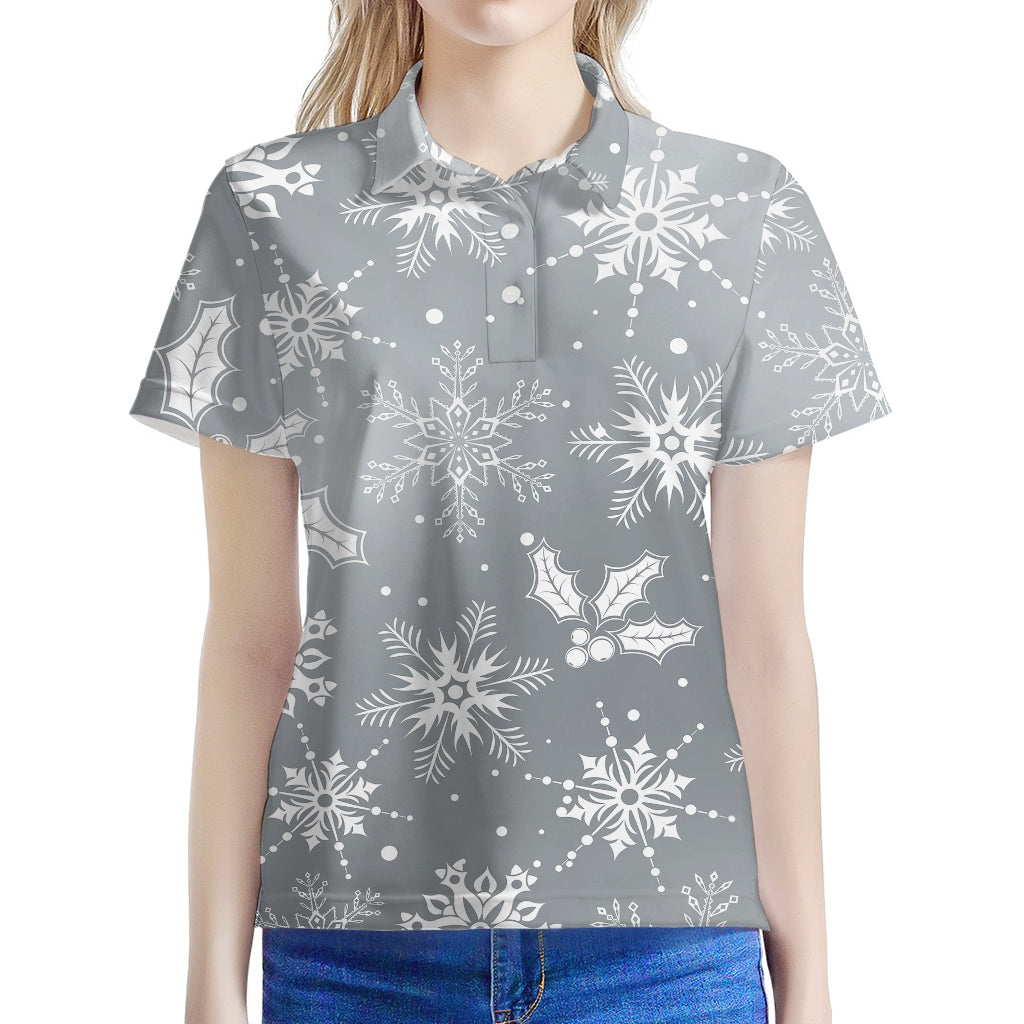 Silver And White Snowflake Pattern Print Women's Polo Shirt