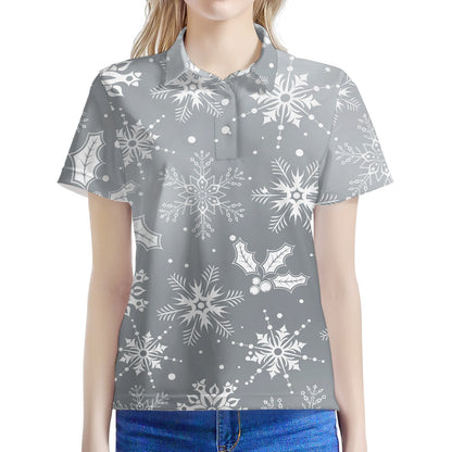 Silver And White Snowflake Pattern Print Women's Polo Shirt