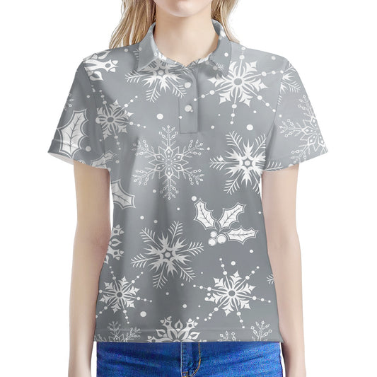 Silver And White Snowflake Pattern Print Women's Polo Shirt
