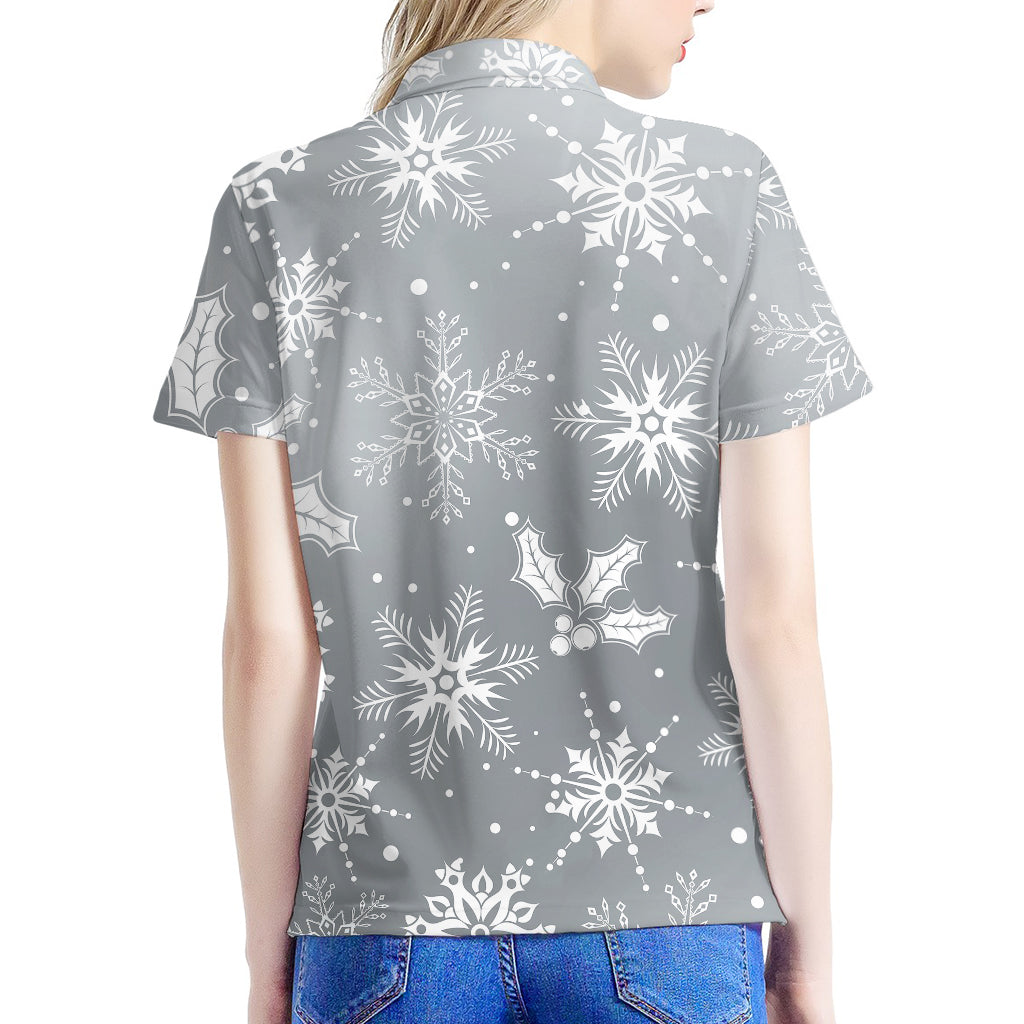 Silver And White Snowflake Pattern Print Women's Polo Shirt