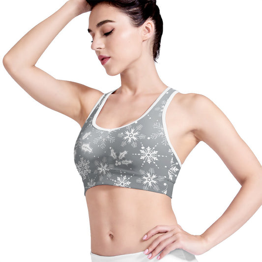 Silver And White Snowflake Pattern Print Women's Sports Bra