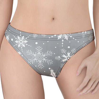Silver And White Snowflake Pattern Print Women's Thong