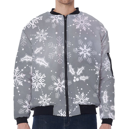 Silver And White Snowflake Pattern Print Zip Sleeve Bomber Jacket