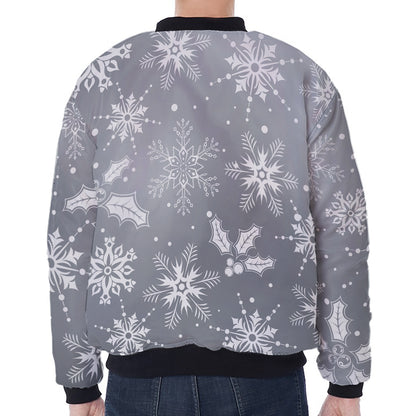 Silver And White Snowflake Pattern Print Zip Sleeve Bomber Jacket